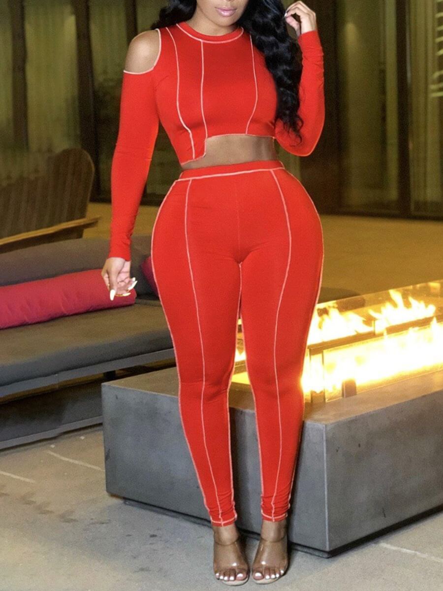 

Lovely Casual O Neck Hollow-out Striped Red Two Piece Pants Set