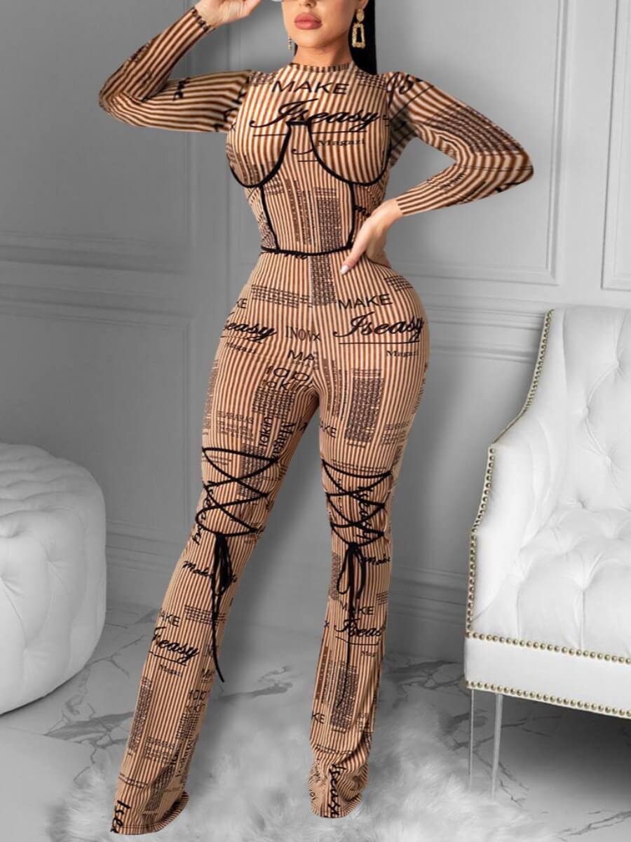 

Lovely Stylish O Neck Letter Print Bandage Design Apricot One-piece Jumpsuit