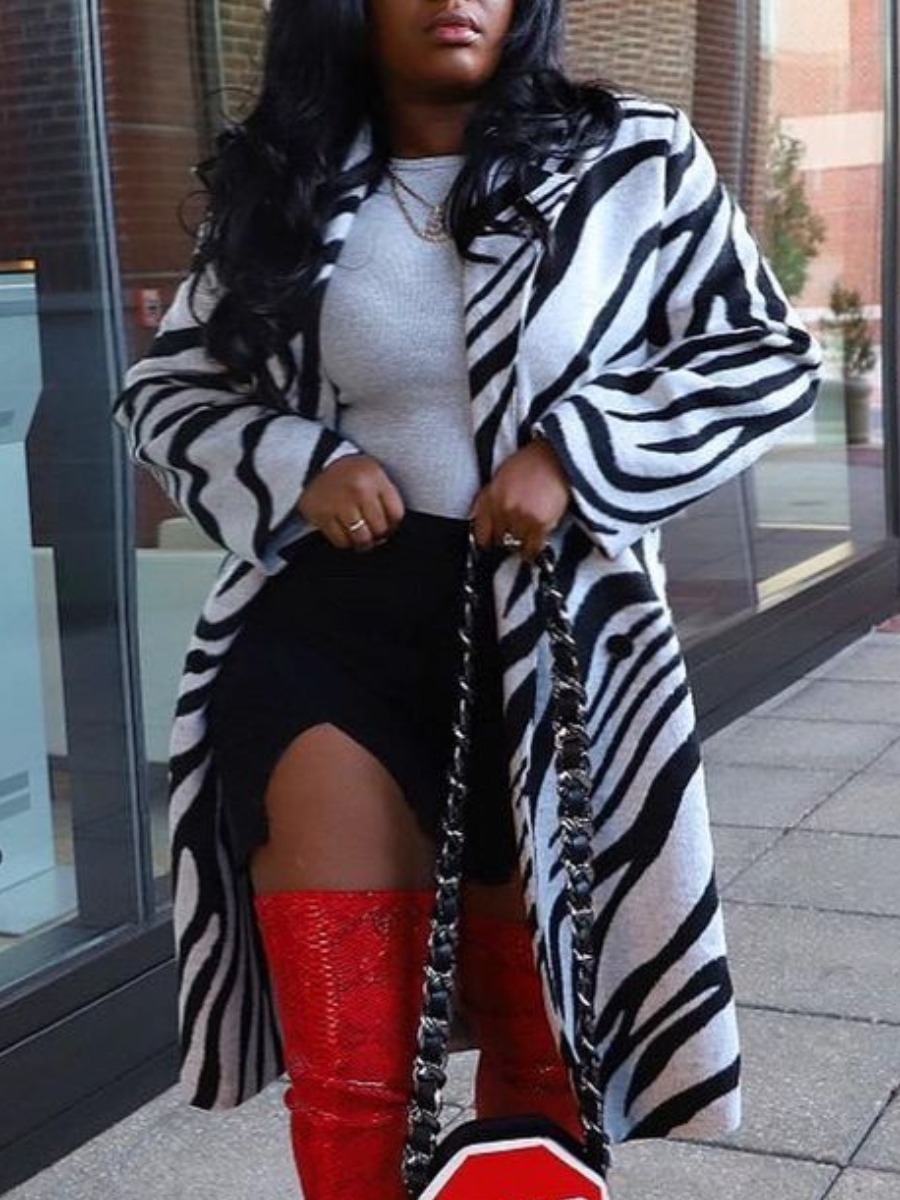 

Lovely Street Turndown Collar Zebra Striped Patchwork Trench Coat, Zebra stripe