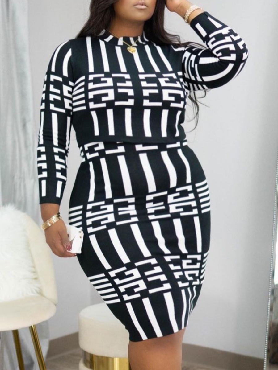 

Lovely Work O Neck Geometric Print Black Plus Size Two-piece Skirt Set