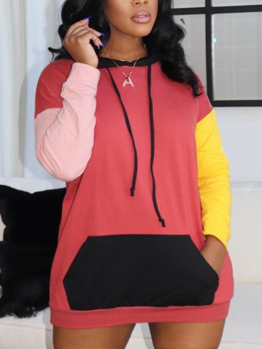 

Lovely Casual Color-lump Kangaroo Pocket Red Mini Plus Size Dress