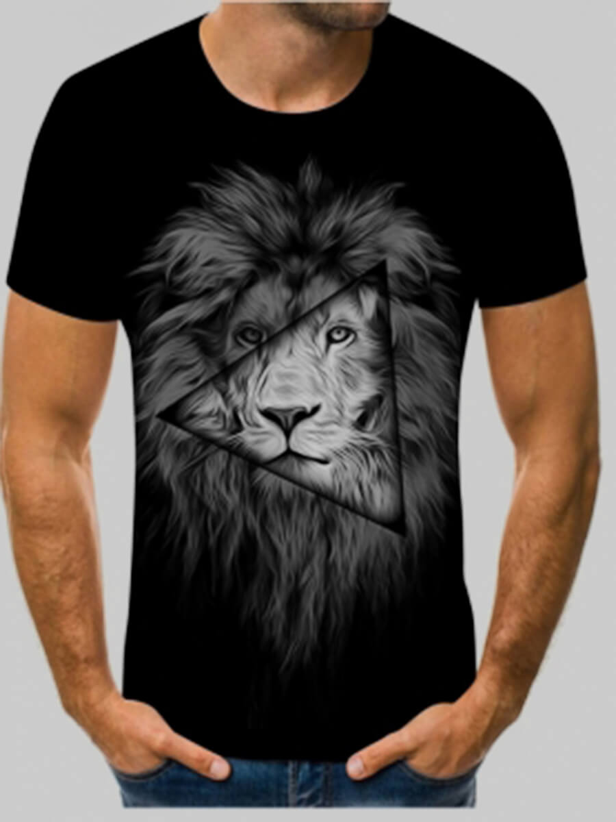 

LW Men Casual O Neck Lion Print Black T-shirt