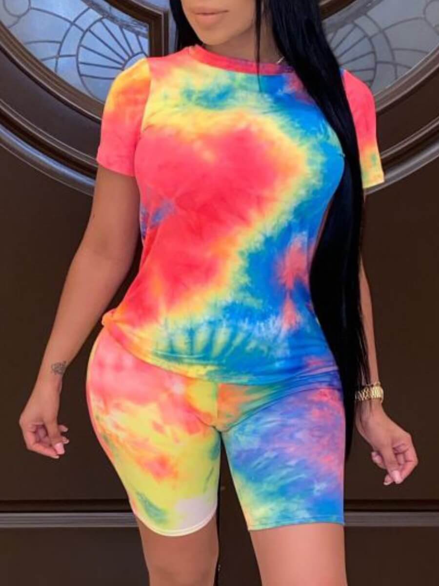 

Lovely Trendy O Neck Tie Dye Croci Two Piece Shorts Set