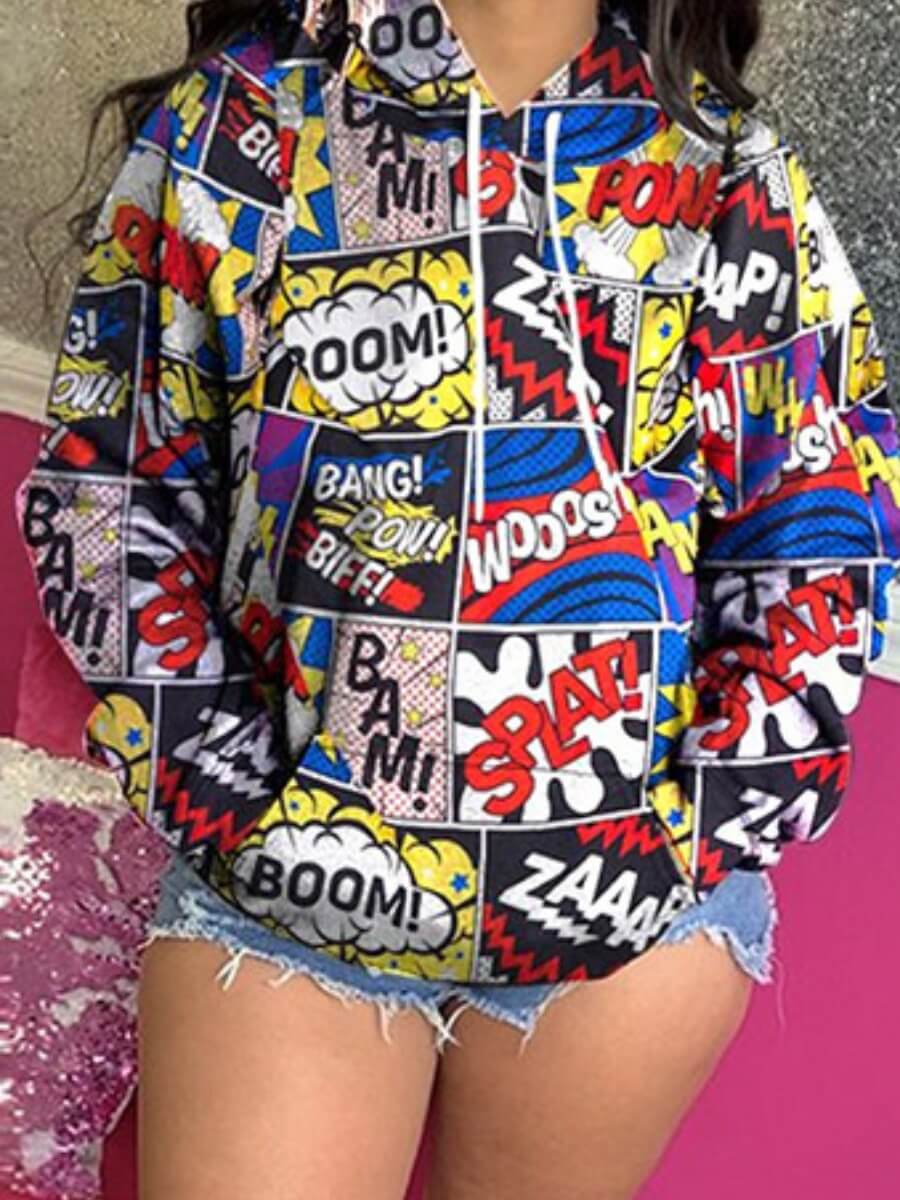 

Lovely Street Cartoon Letter Print Patchwork Multicolor Hoodie, Multi