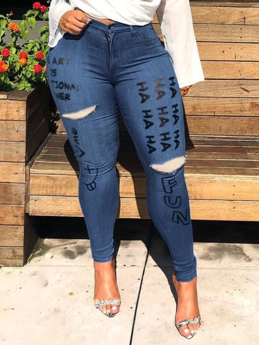 

Lovely Street High-waisted Letter Print Broken Holes Blue Jeans