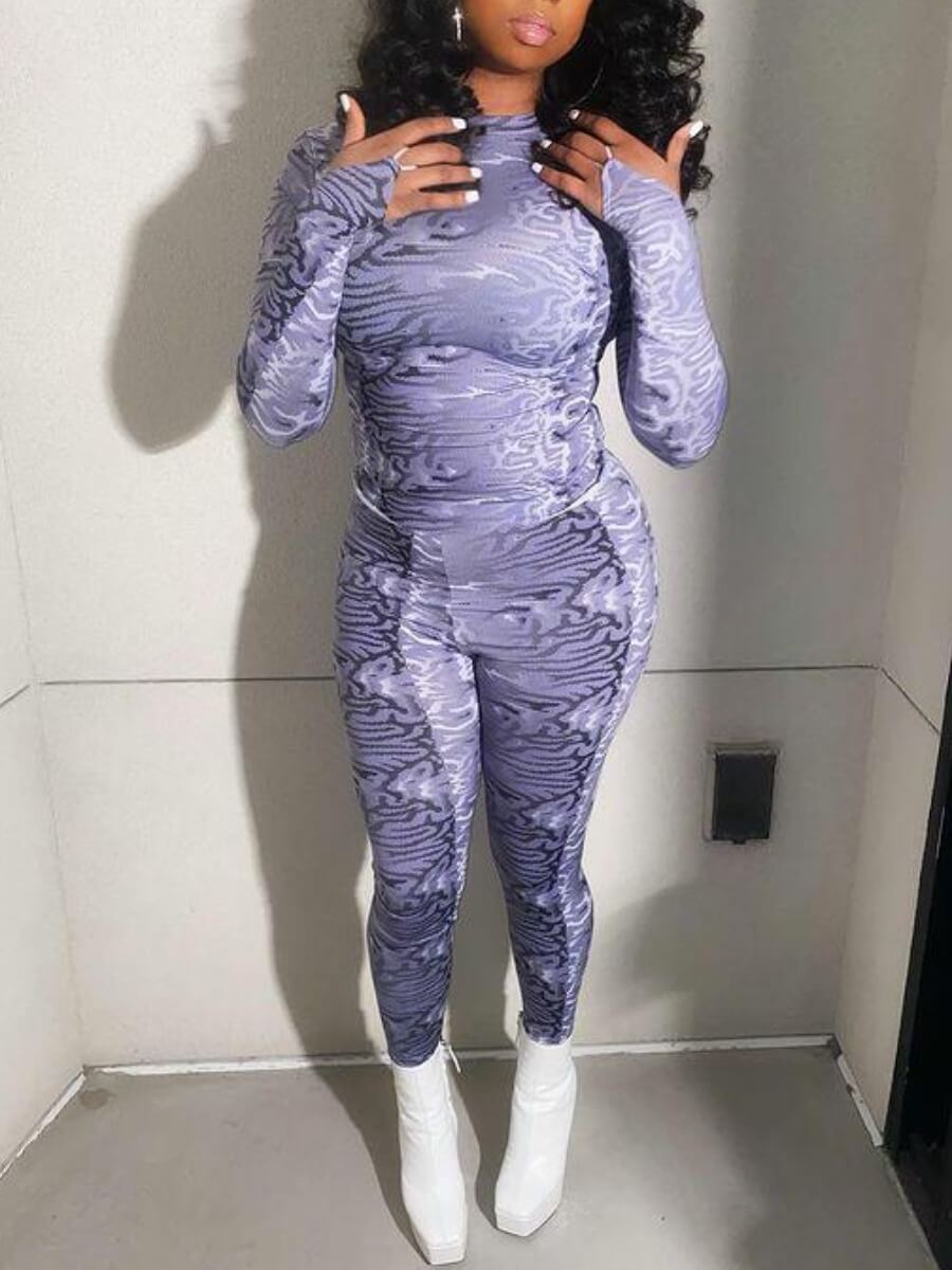 

Lovely Sportswear O Neck Animal Print Blue Yoga Two Piece Pants Set