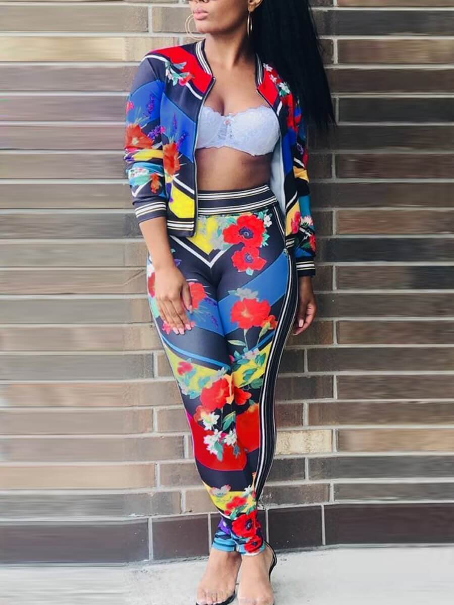 

Lovely Sportswear Floral Print Striped Rose Red Two Piece Pants Set