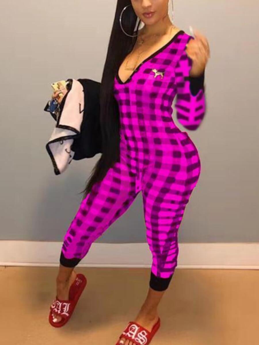 

Lovely Casual V Neck Plaid Print Rose Red One-piece Jumpsuit