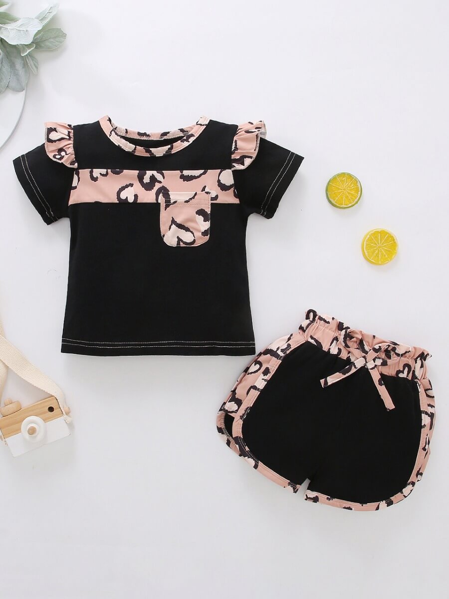 

Lovely Girl Casual Flounce Design Leopard Print Patchwork Black Two Piece Shorts Set