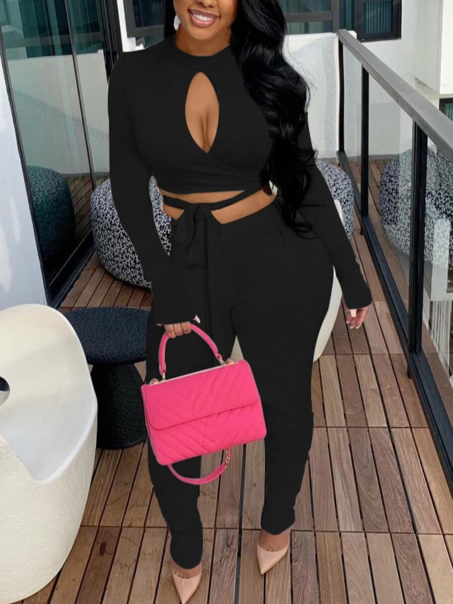 

Lovely Sexy Bandage Hollow-out Design Black Two Piece Pants Set