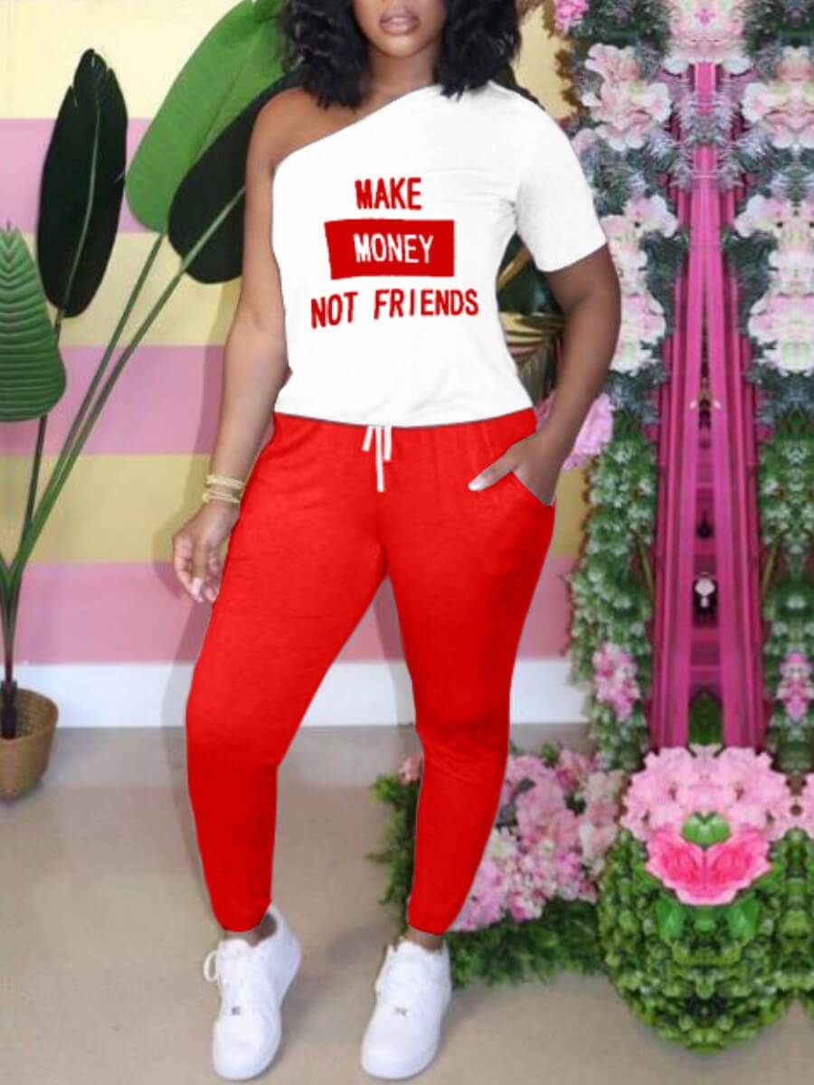 

Lovely Casual One Shouder Letter Print Drawstring Design Red Two Piece Pants Set