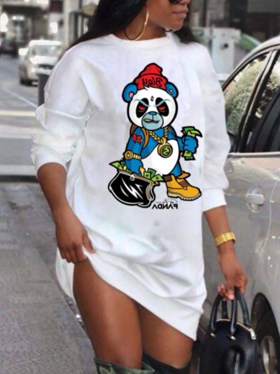 

Lovely Street O Neck Cartoon Print White Mini Dress