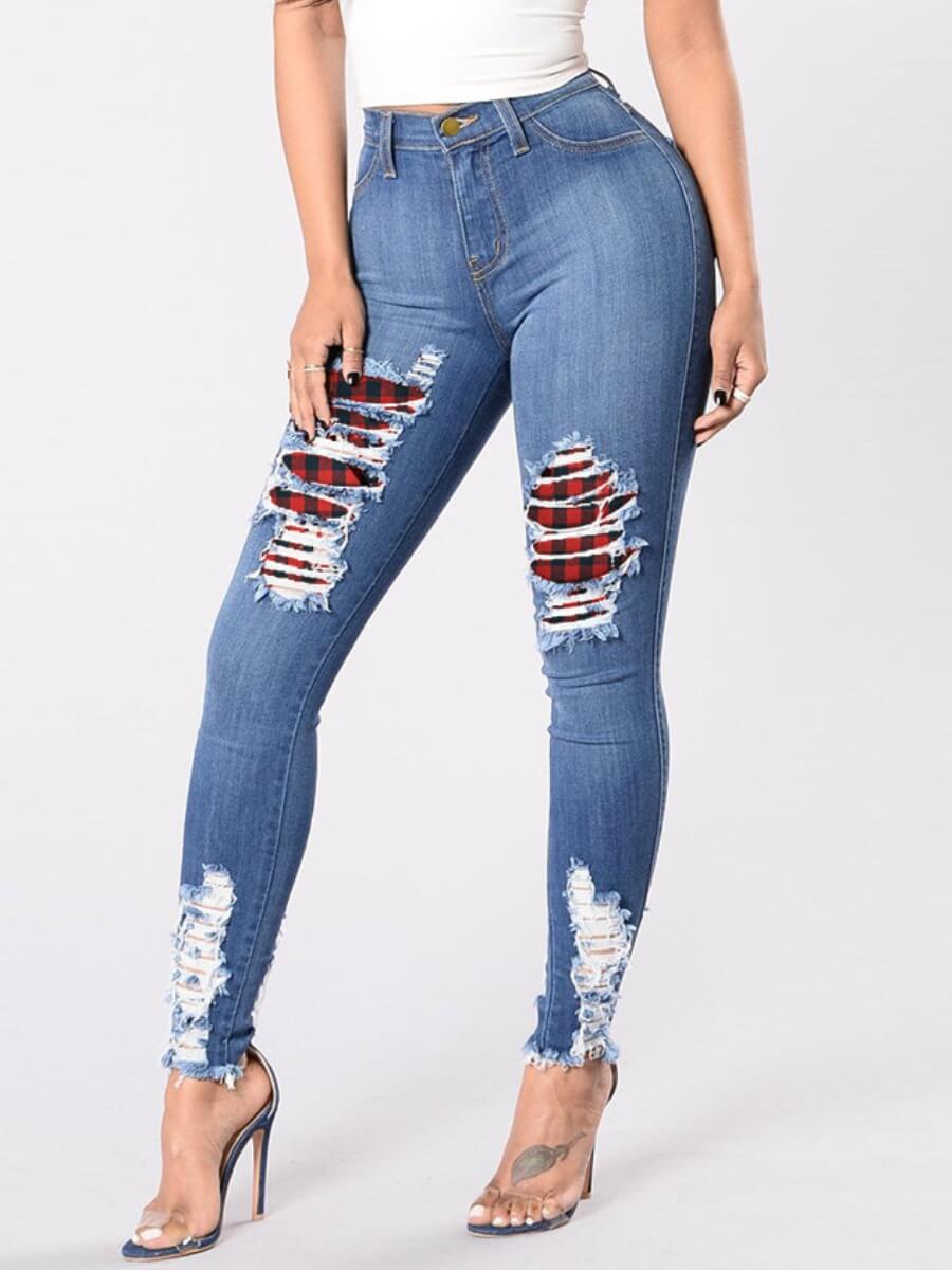 

Lovely Stylish Plaid Print Broken Holes Raw Edge Deep Blue Jeans