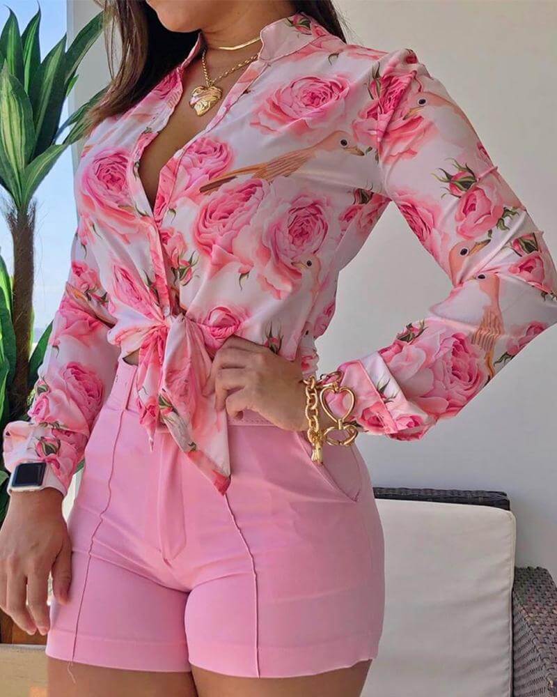 

LW Mandarin Collar Floral Print Blouse, Pink