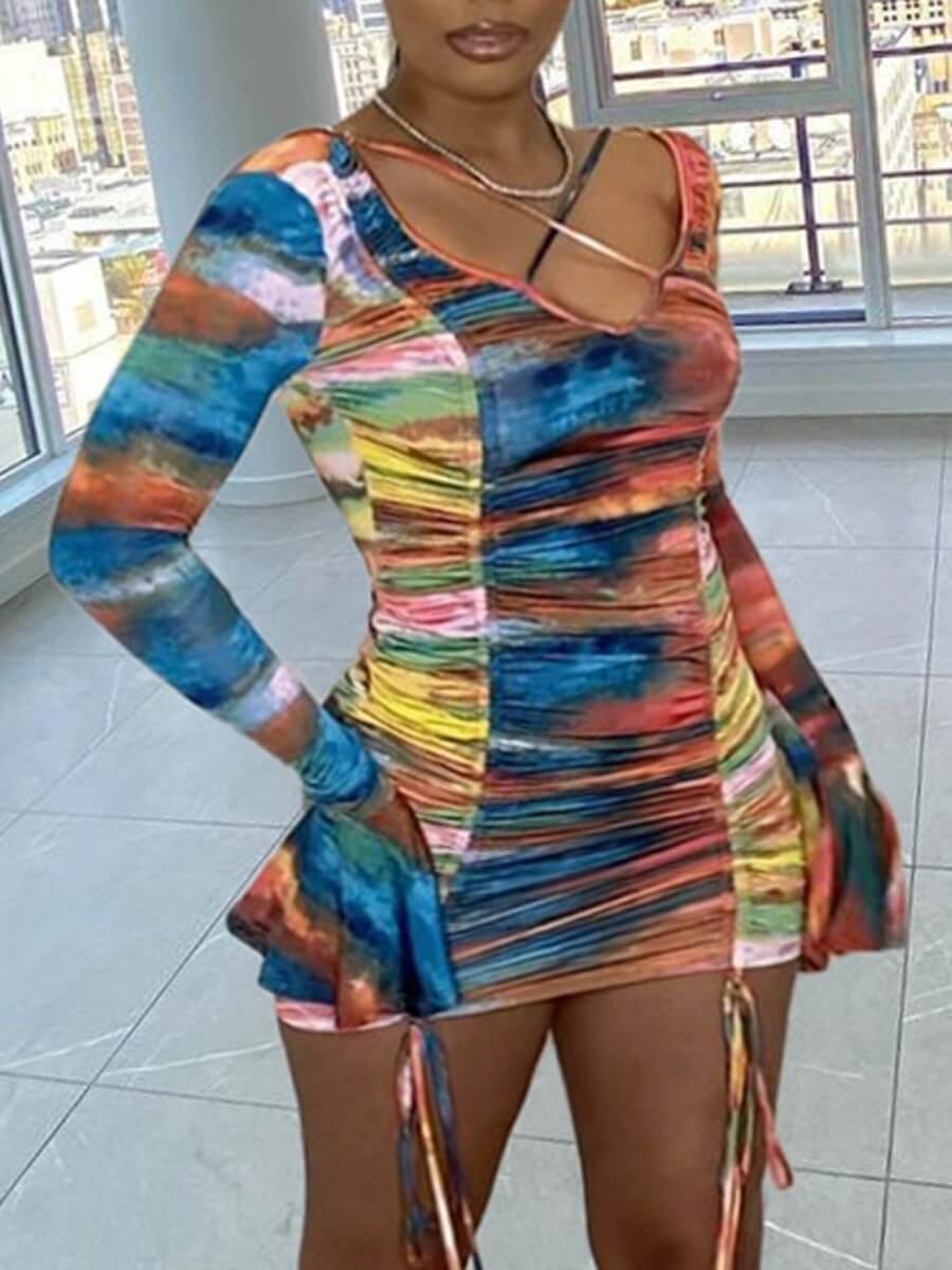 

Lovely Street Flared Tie-dye Ruched Drawstring Multicolor Mini Dress, Multi