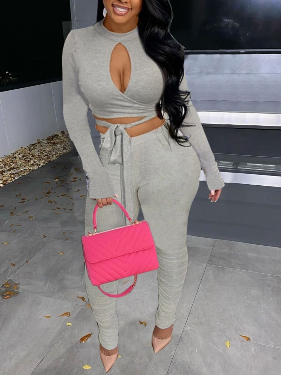 

Lovely Sexy O Neck Hollow-out Bandage Design Grey Two Piece Pants Set