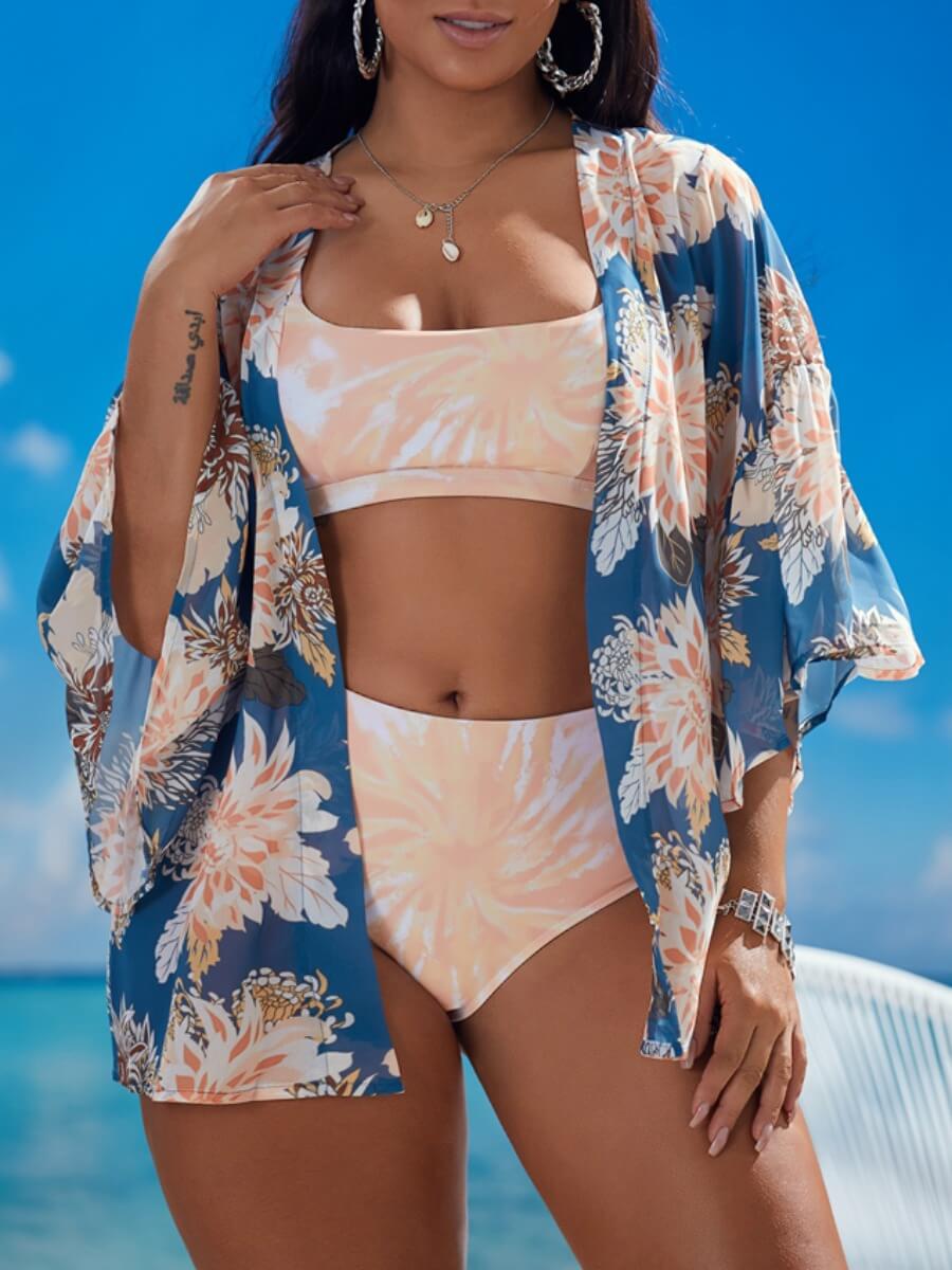 

Lovely Casual Floral Print Patchwork Blue Cover-up