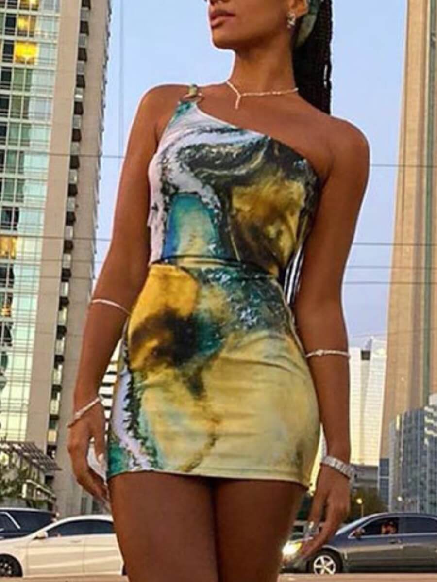 

Lovely Street One Shoulder Tie-dye Multicolor Mini Dress, Multi