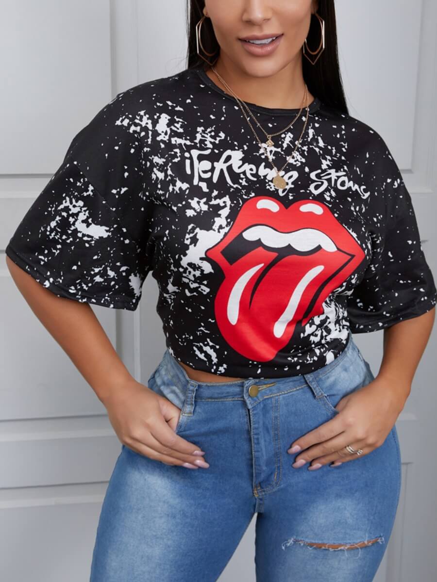 

Lovely Casual Tie-dye Lip Letter Print Black T-shirt