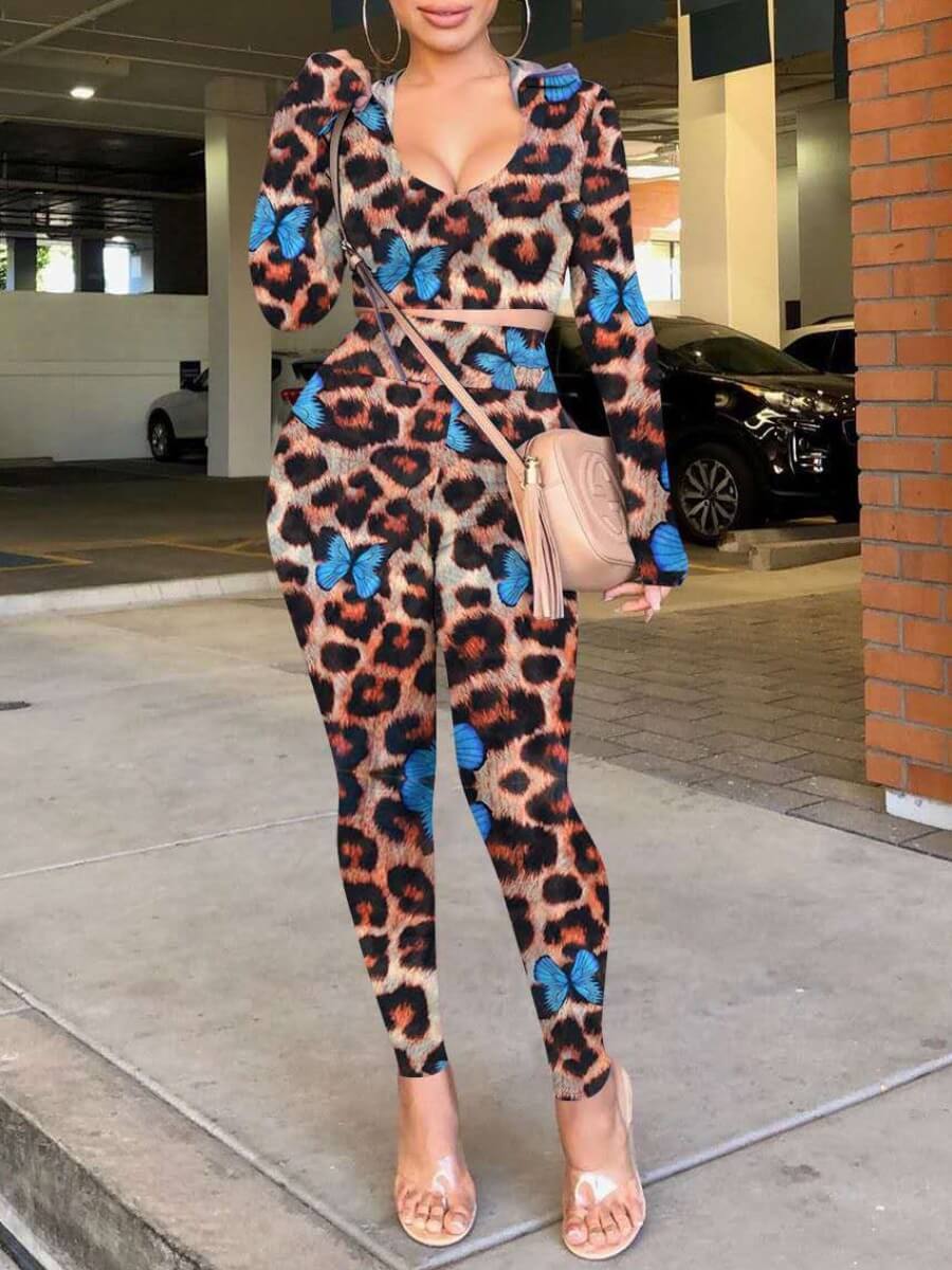 

Lovely Casual Hooded Collar Butterfly Leopard Print Two Piece Pants Set