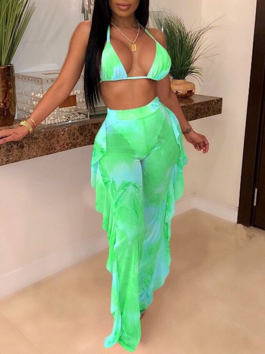 

Lovely Sweet Tie-dye Flounce Design Green Two-piece Swimsuit