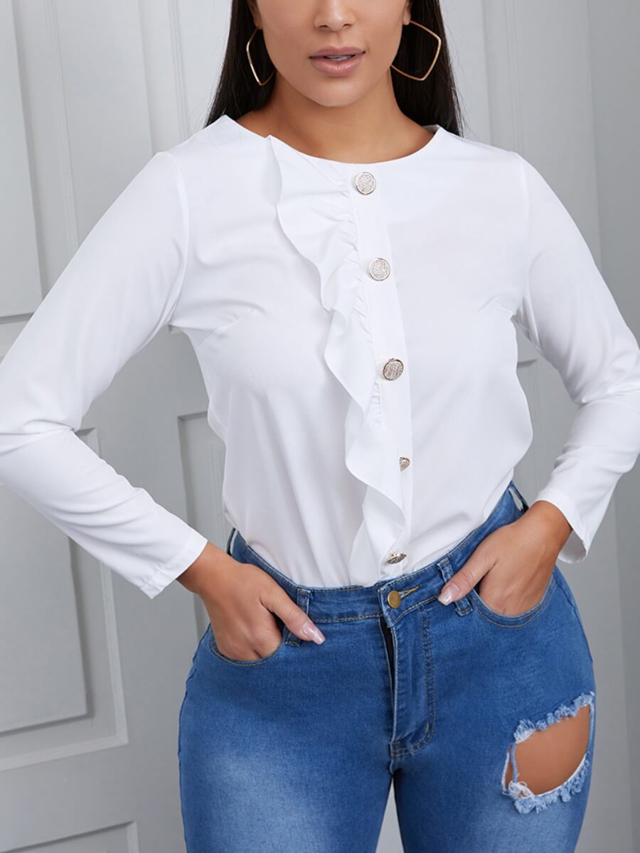 

Lovely Formal Button Flounce Design White Blouse