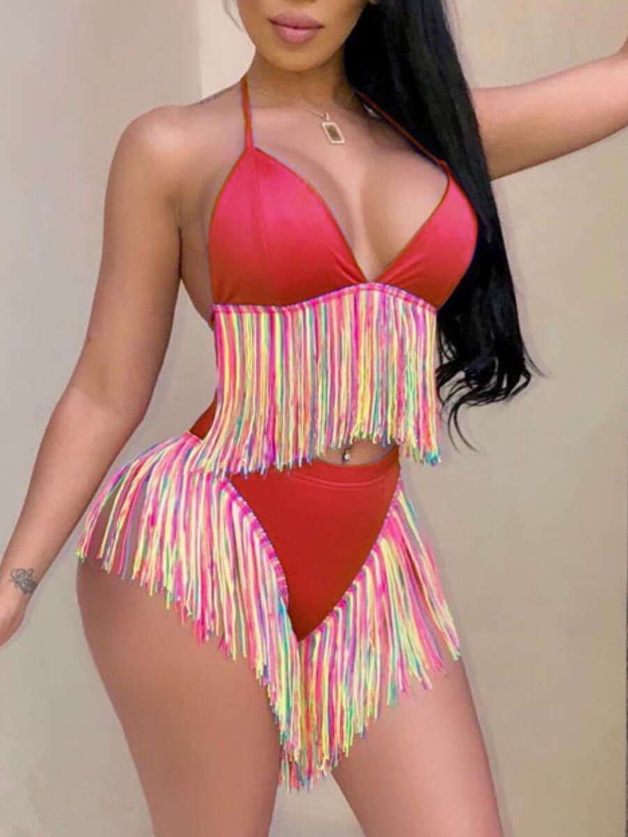 

Lovely Trendy Bandage Tassel Design Patchwork Red Two-piece Swimsuit