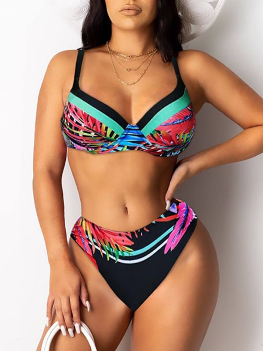 

Lovely Sexy Leaf Print Patchwork Multicolor Two-piece Swimsuit, Multi