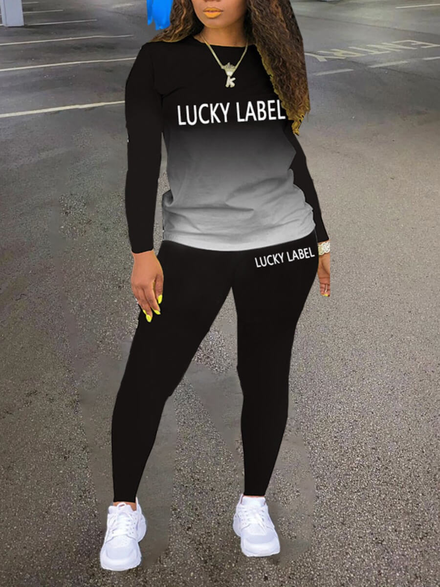 

Lovely Sportswear Gradient Letter Print Black Plus Size Two-piece Pants Set