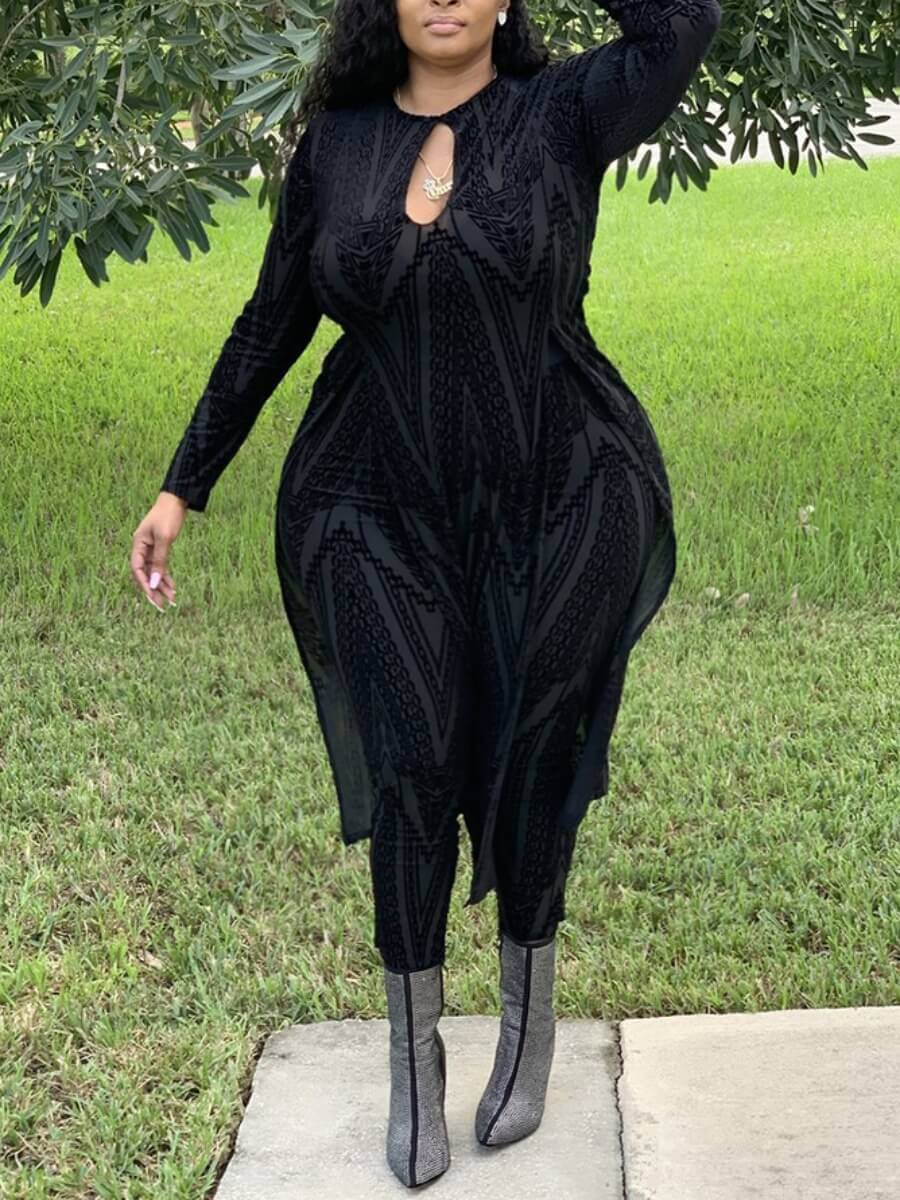 

Lovely Sweet Geometric Print Hollow-out Side High Split Black Plus Size Two-piece Pants Set
