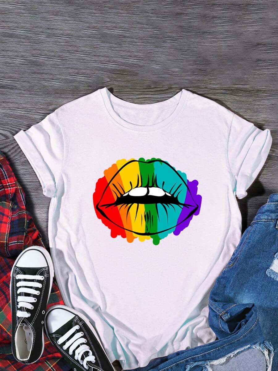 

Lovely Casual O Neck Lip Print Patchwork White Plus Size T-shirt