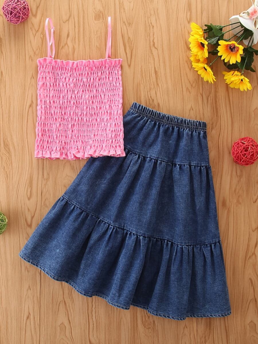 

Lovely Girl Casual Spaghetti Strap Fold Design Pink Two Piece Skirt Set