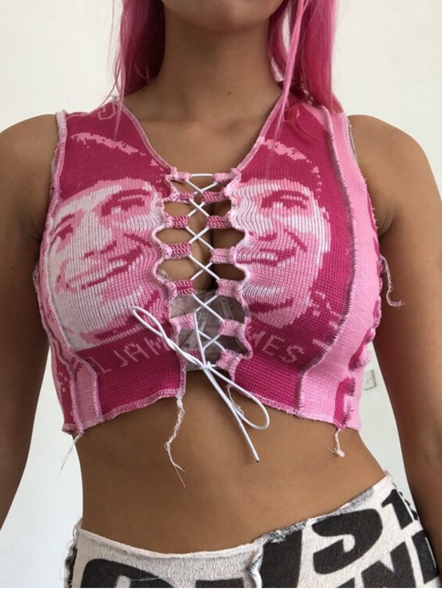 

Lovely Street Tank Sleeveless Bandage Design Print Red Camisole