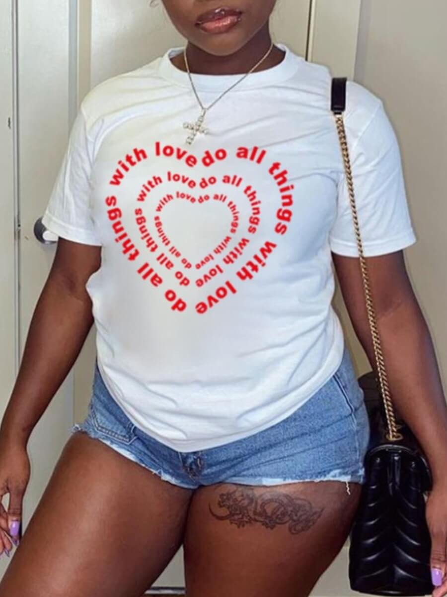 

Lovely Casual O Neck Letter Heart-shaped Print White T-shirt