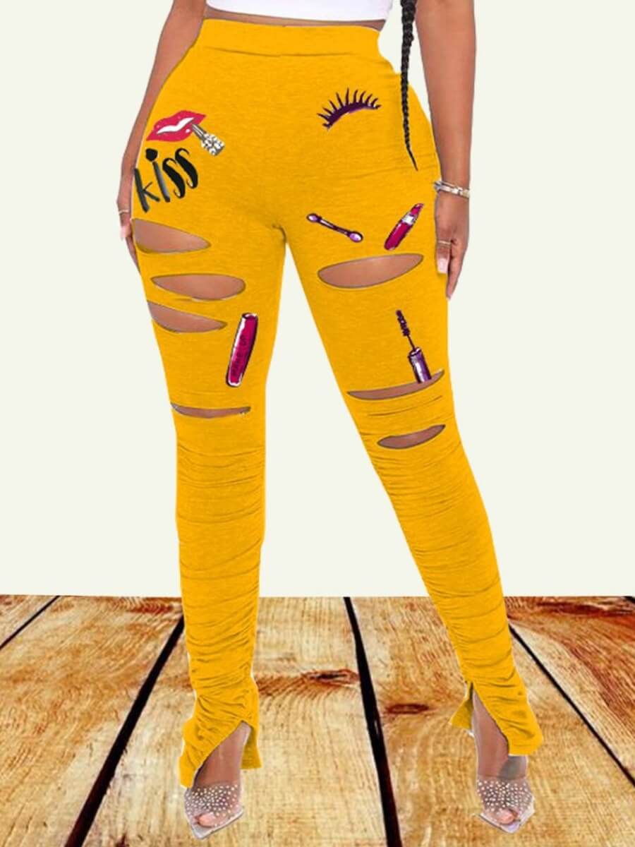 

Lovely Casual High-waisted Print Broken Holes Yellow Pants