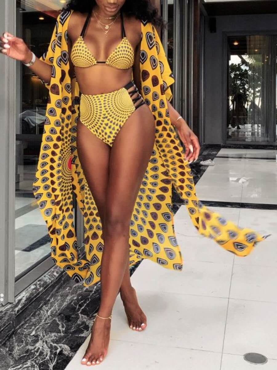 

Lovely Bohemian Spaghetti Strap Print Yellow Two-piece Swimsuit