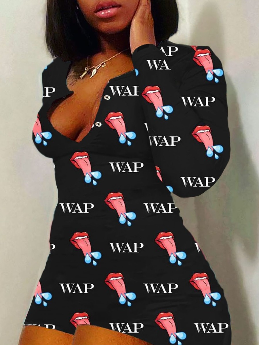 

Lovely Casual Letter Print Black Sleepwear