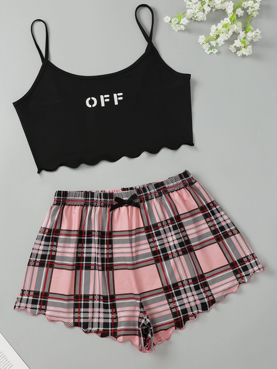 

Lovely Casual Spaghetti Strap Letter Plaid Print Black Sleepwear