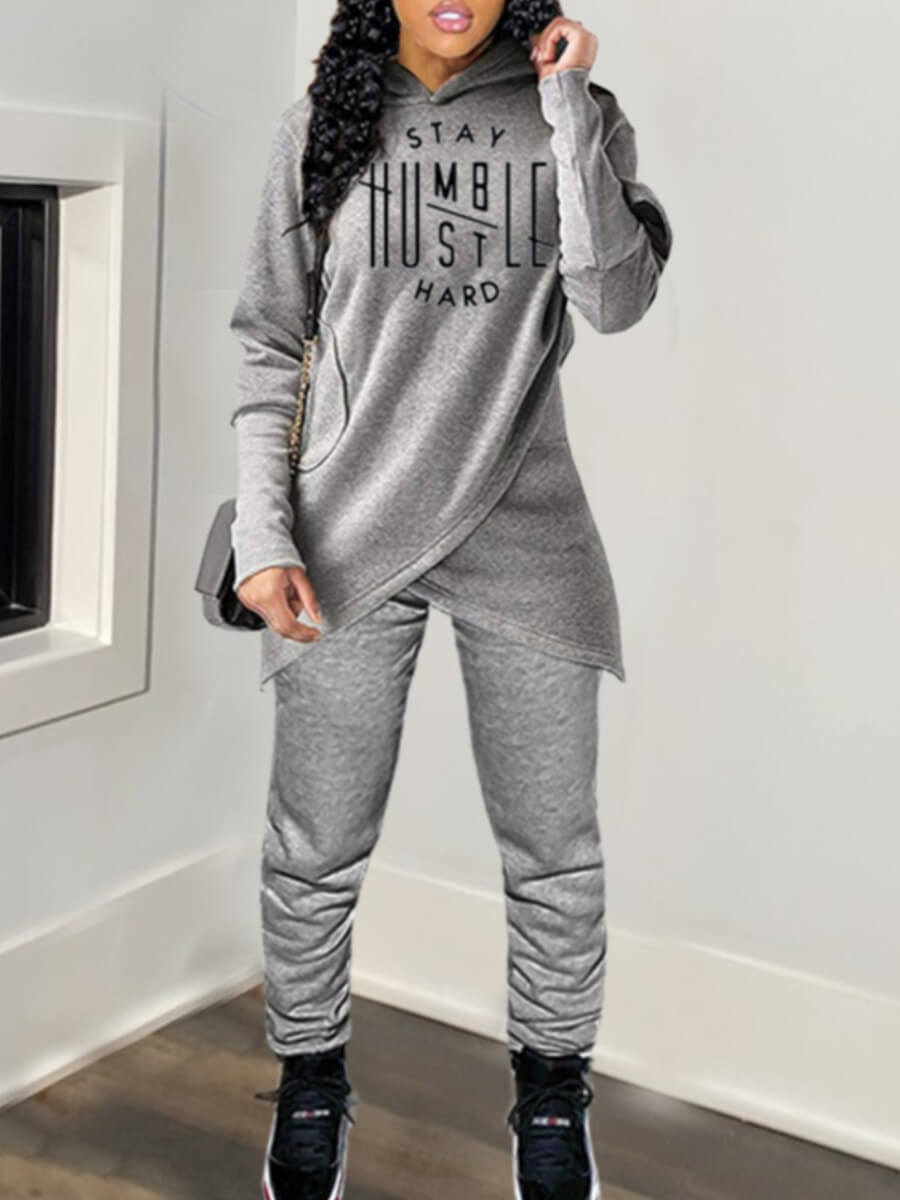 

Lovely Casual Hooded Collar Letter Print Grey Two Piece Pants Set