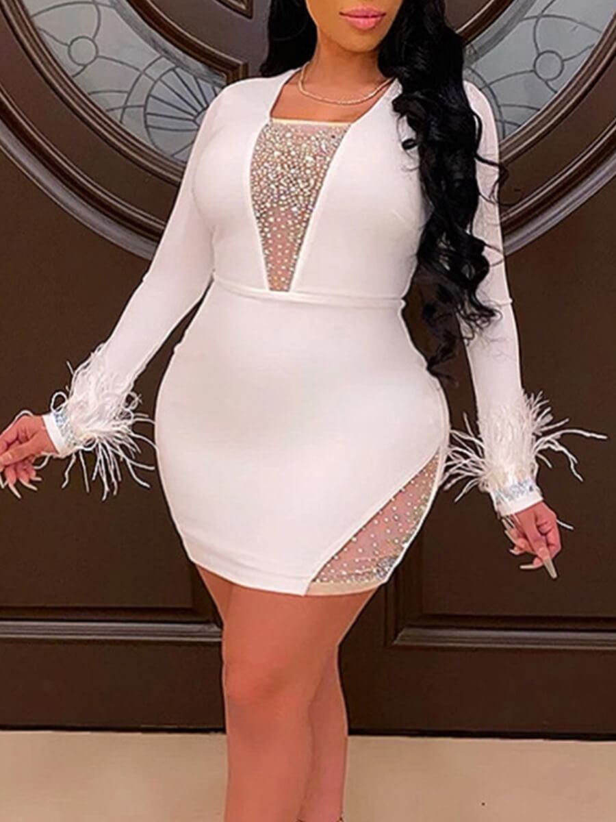 

LW Plus Size Party Square Colla Patchwork White Mini Dress