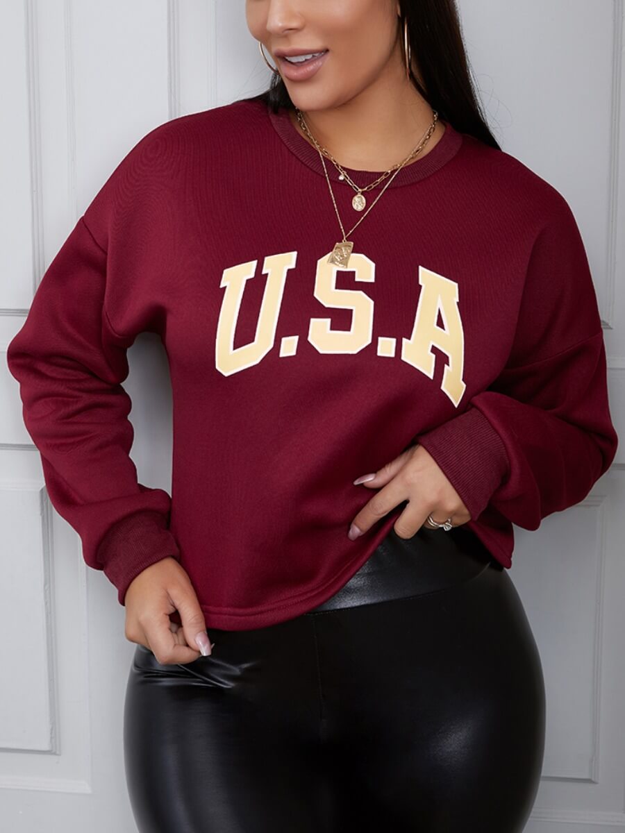 

Lovely Casual O Neck Letter Print Brick Red Hoodie