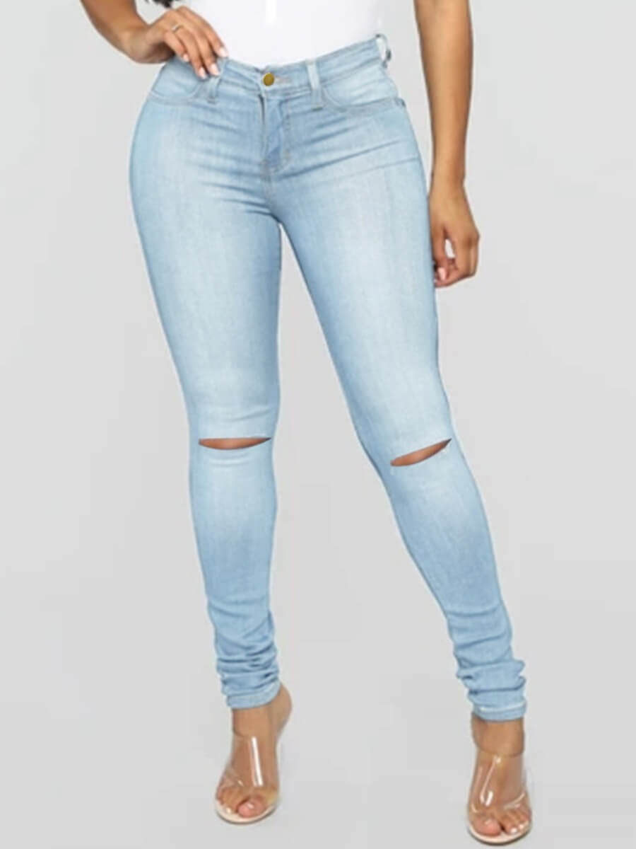 

LW High-waisted Stretchy Zipper Broken Holes Baby Blue Jeans