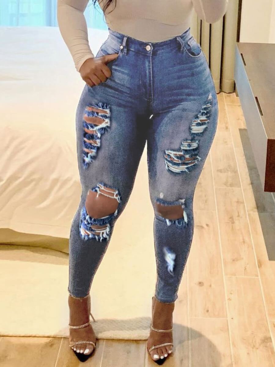 

Lovely Street High-waisted Broken Holes Blue Jeans