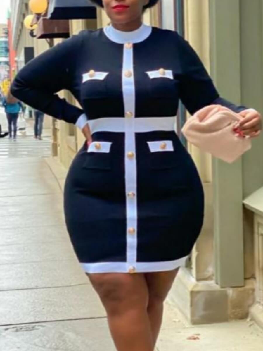 

Lovely Work O Neck Patchwork Black Mini Plus Size Dress
