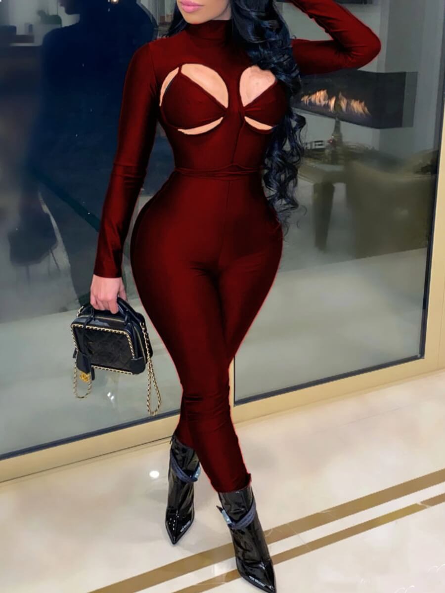 

Lovely Sexy Half A Turtleneck Hollow-out Wine Red Two Piece Pants Set