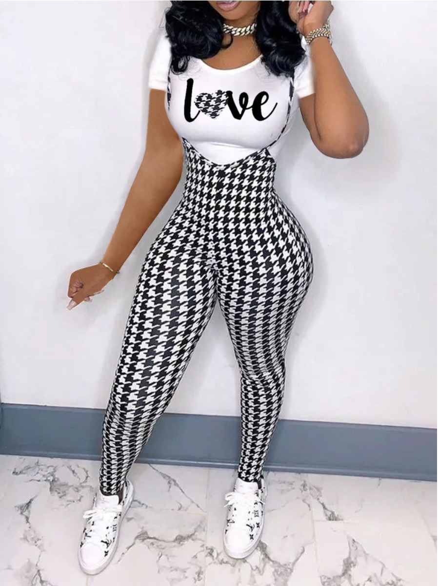 Lovely Casual O Neck Plaid Letter Print Black Two Piece Pant Set