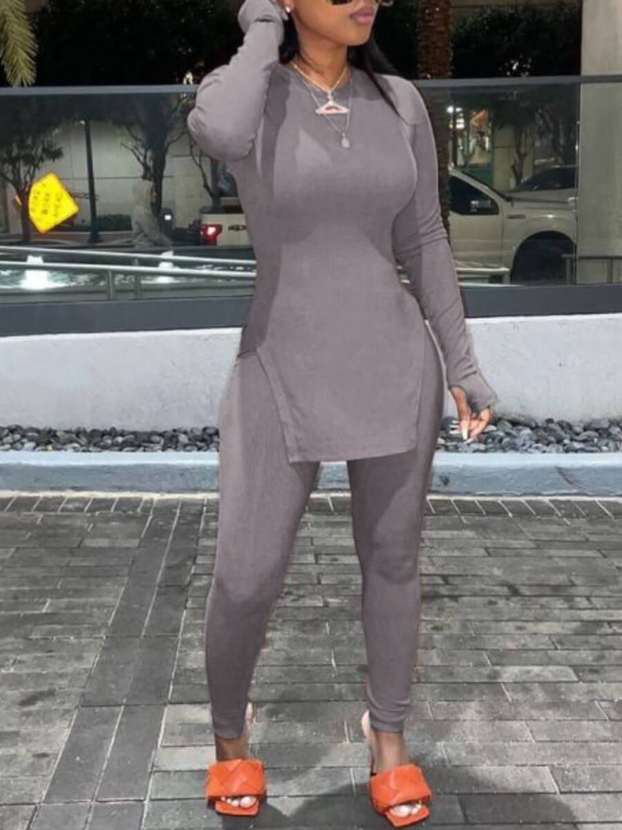

LW Casual O Neck Split Grey Two Piece Pants Set