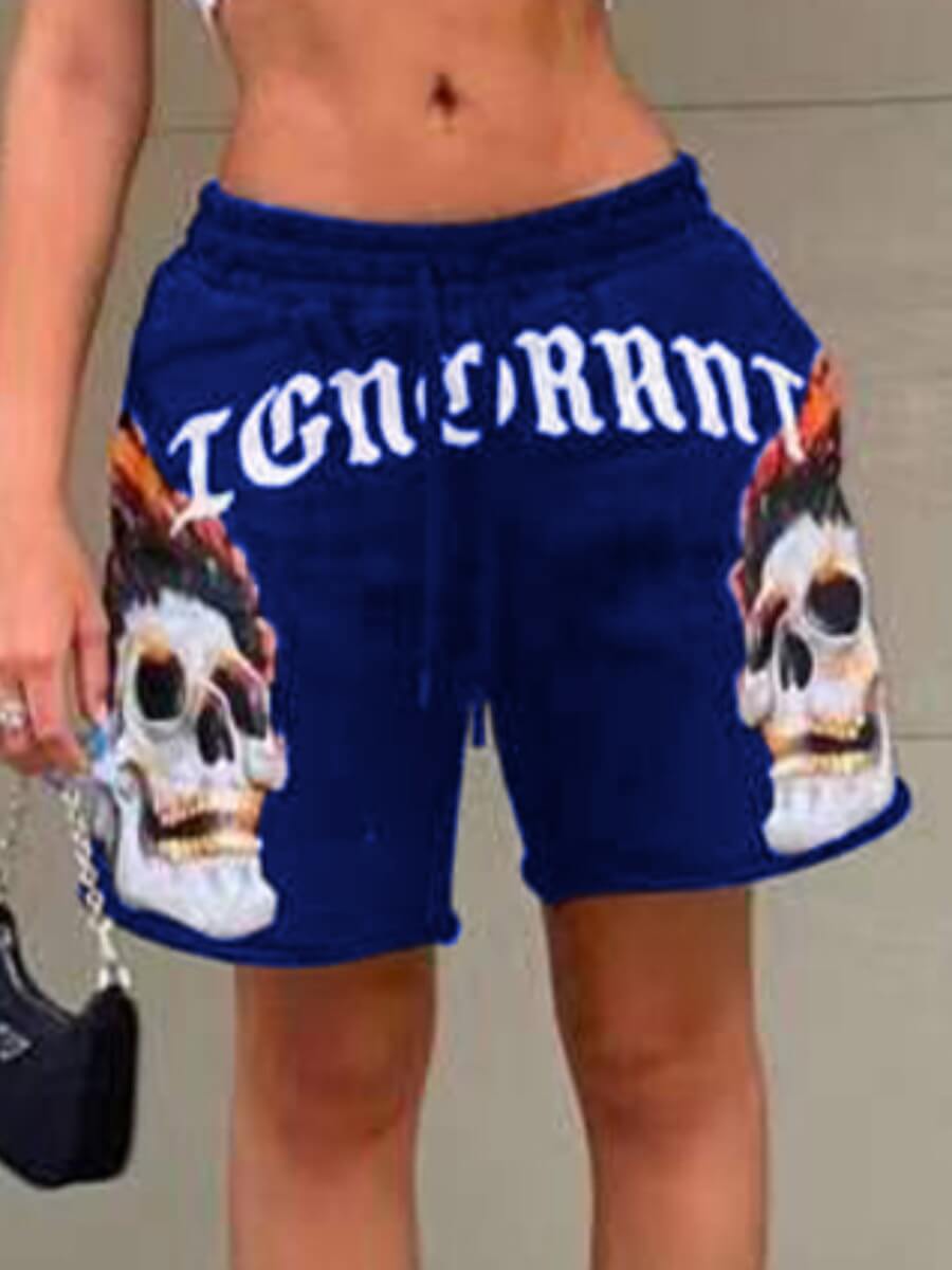 

Lovely Casual Mid Waist Letter Print Blue Short