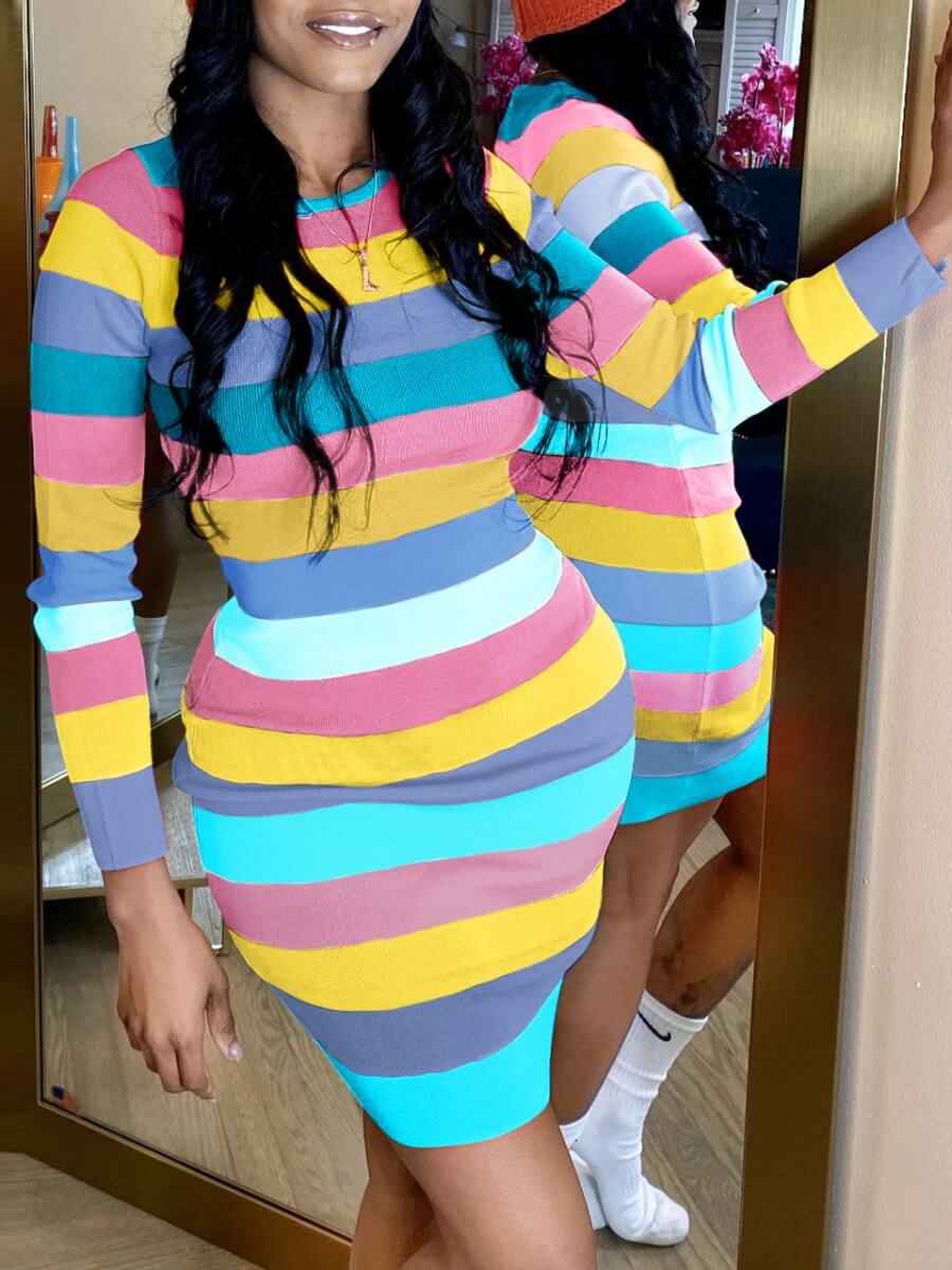 

Lovely Casual O Neck Color-lump Patchwork Multicolor Mini Dress, Multicolor mstn