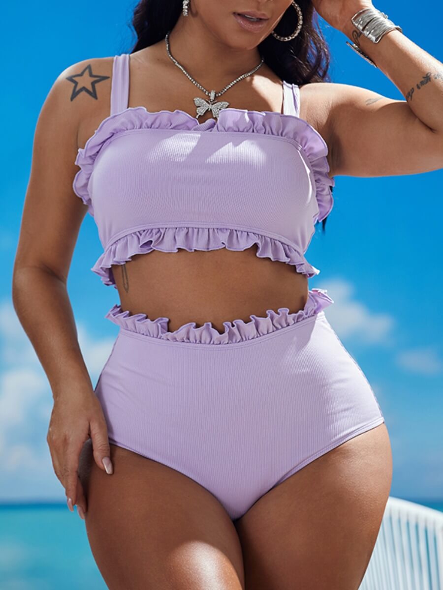 

Lovely Casual Fold Design Purple Two-piece Swimsuit